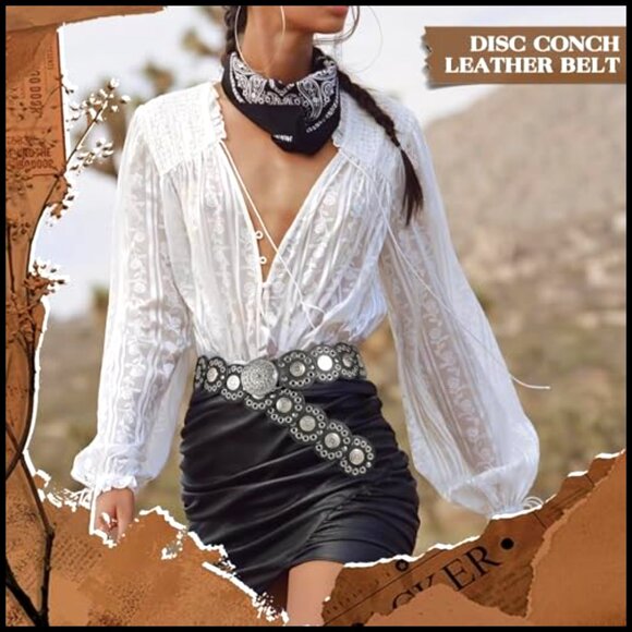 Vintage Western Disc Waist Belt Boho Concho Leather Style Adjustable Fit